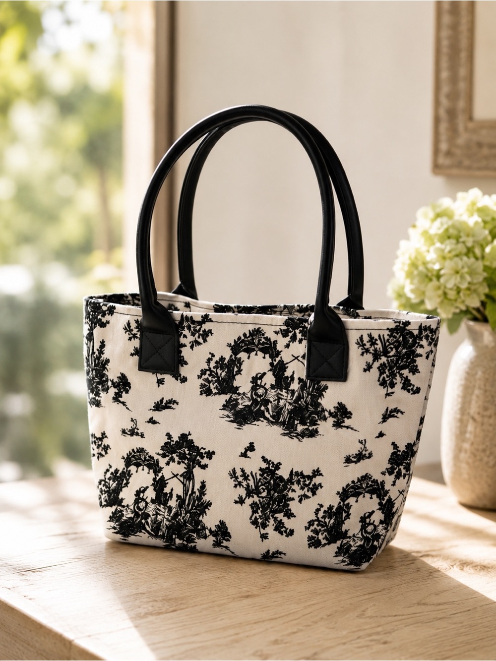 Black White Toile Mini Tote Bag French Country Cottagecore Top Handle NWT - Picture 1 of 5